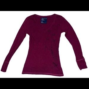 American Eagle Y2K V Neck Jersey Knit Fitted L/S Floral Embroidery Sequins Top M